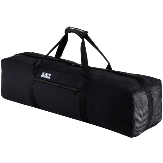 Black duffel bag with mesh side on a white background