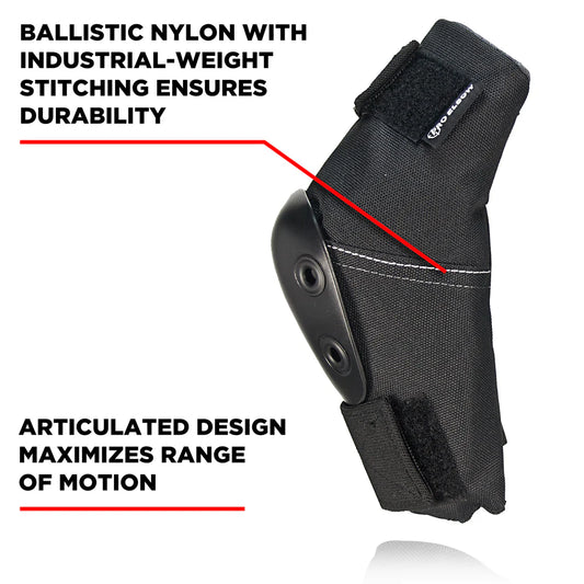 Black elbow pad with text highlighting durability and range of motion on a white background
