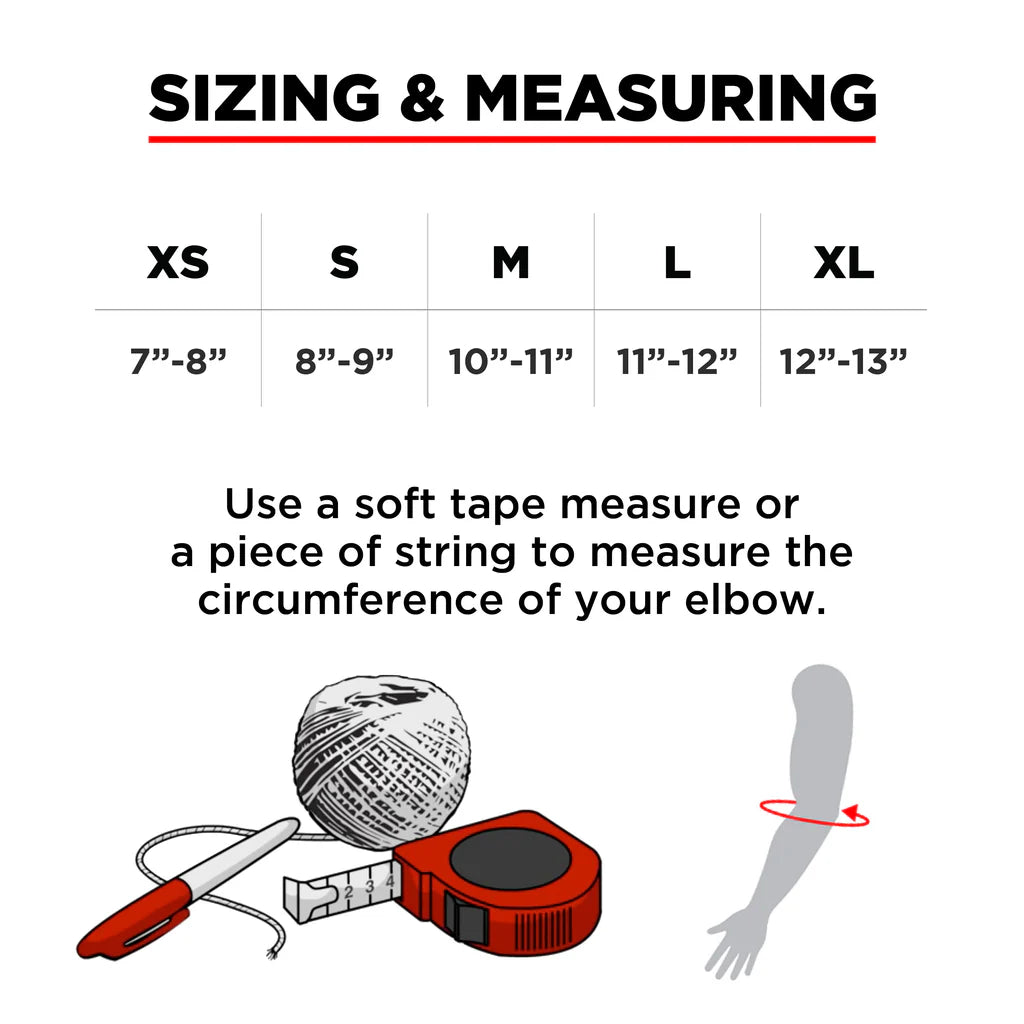 Measurement chart for sizing with elbow measurement guide and tape measure illustration.