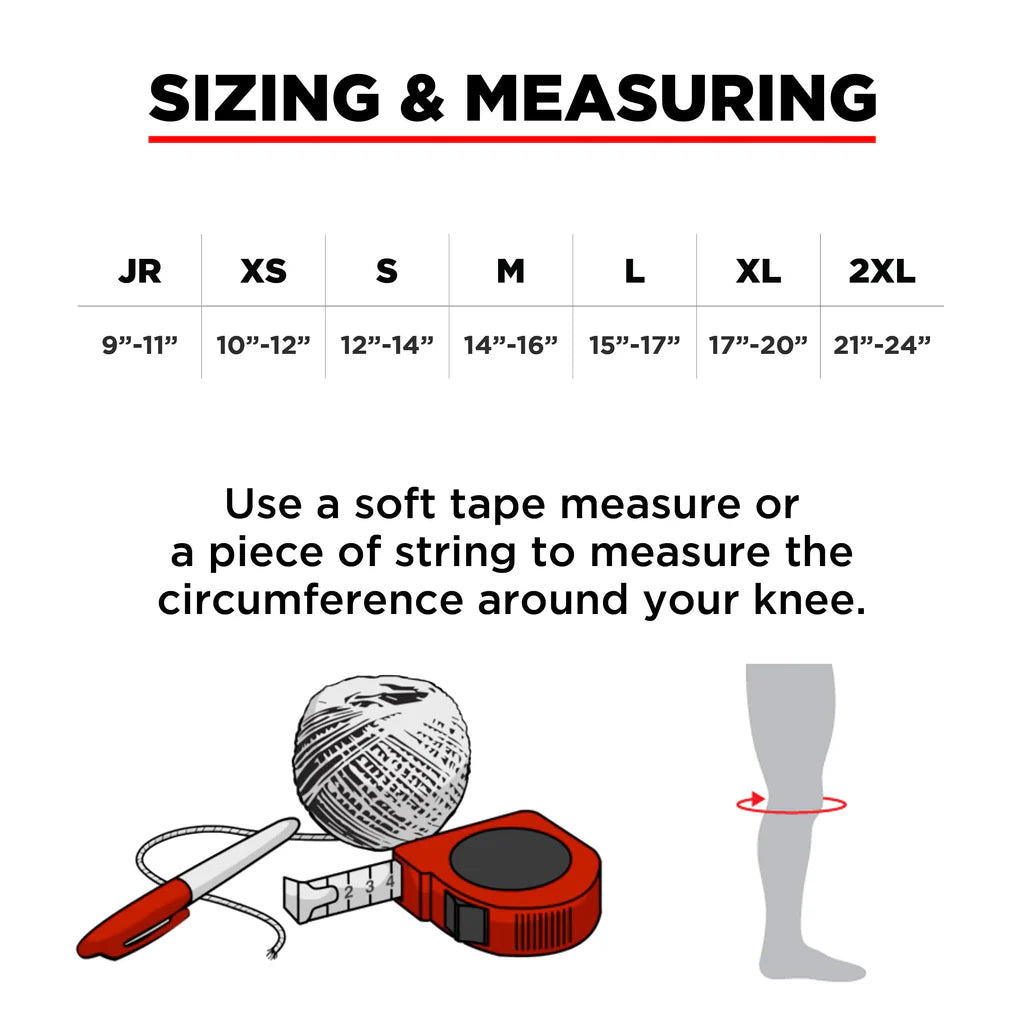 Knee measurement guide with tape measure, string, and knee illustration on a white background