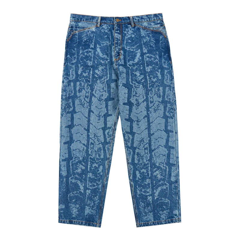 Jeans de mezclilla con huella de neumático de bronce de 56 quilates