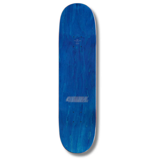 Blue skateboard deck with a visible brand logo on a white background