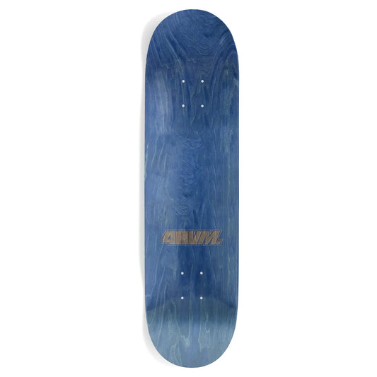 Blue skateboard deck with a brand logo on a white background