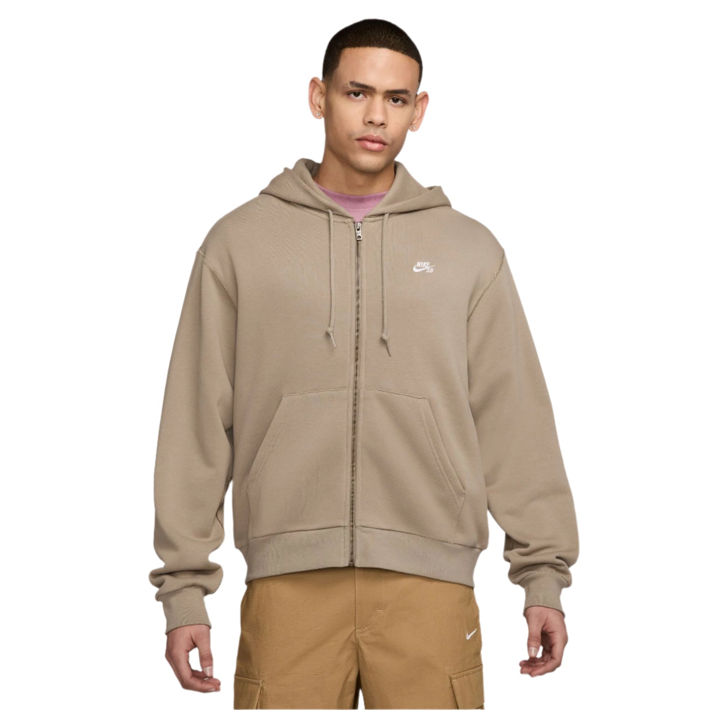 Sudadera con capucha de skate Nike SB Fleece con cremallera completa en color caqui y blanco