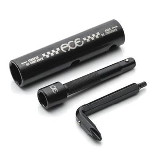 A black ACE skate tool set on a white background, including a 30mm rear threadlock tool, a 30mm front threadlock tool, and a hex key.