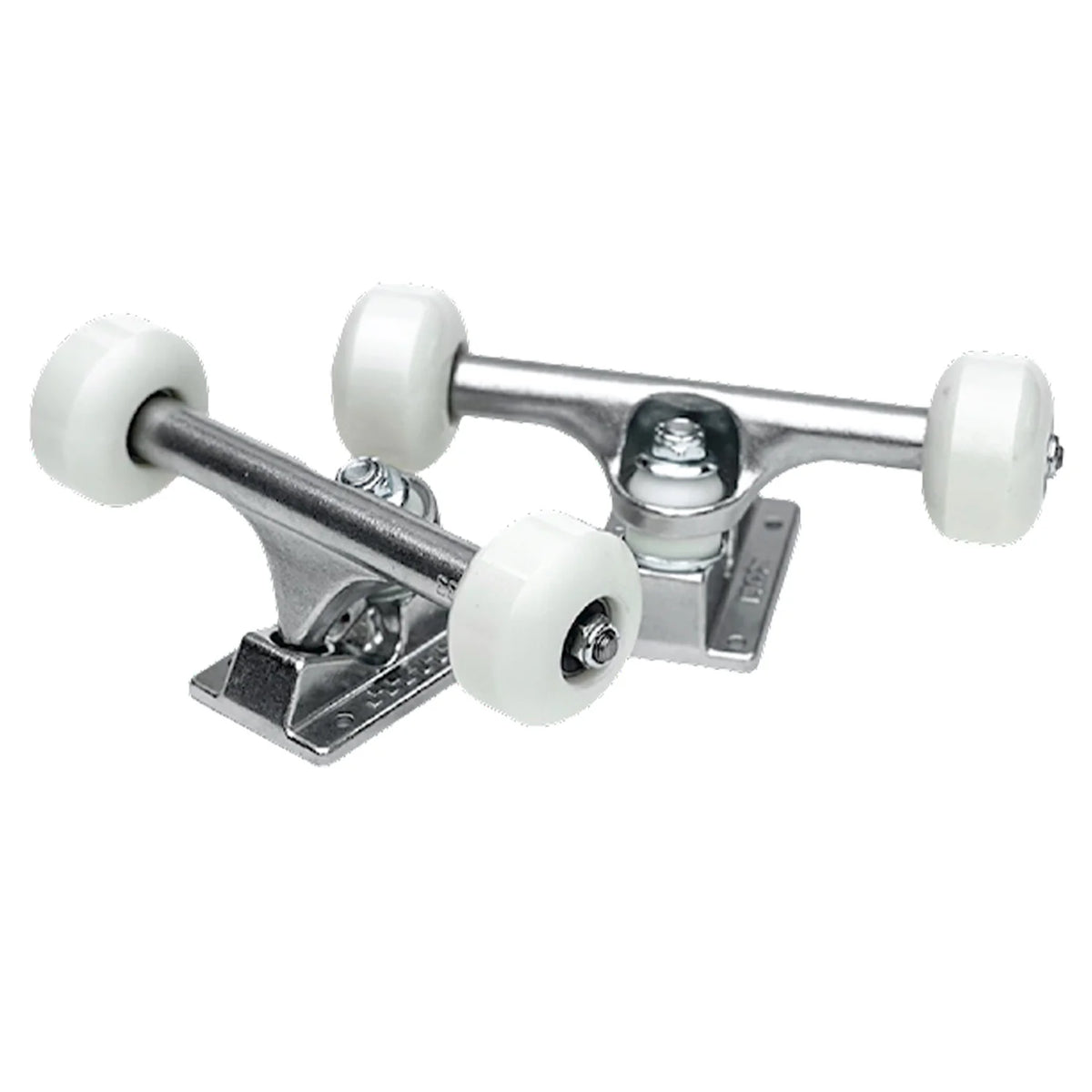 Skateboard truck with white wheels on a white background