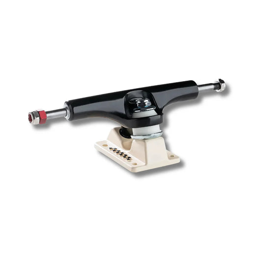Skateboard truck with black and beige components on a white background