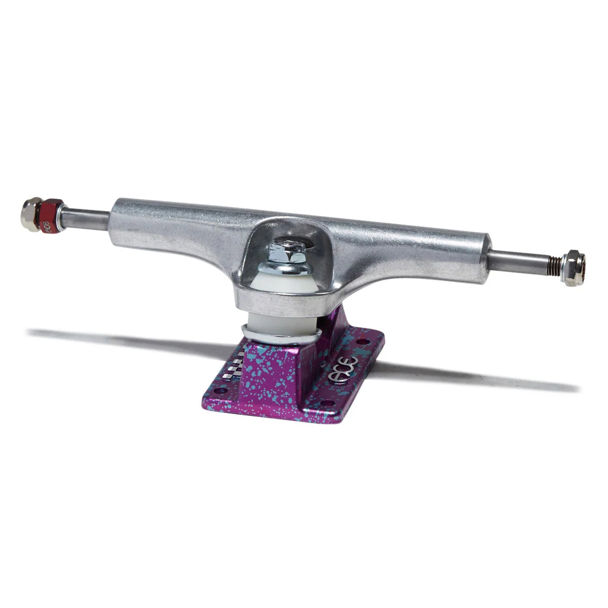 A single skateboard truck with a silver metal hardware body and a purple glitter mounting plate, shown on a clean white background with a soft shadow.