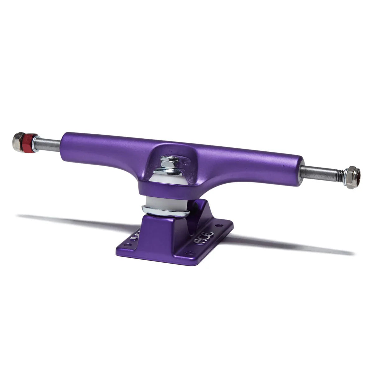 A purple anodized skateboard truck with silver metal hardware, a silver bushing, and a red locknut, shown on a white background with a soft shadow.