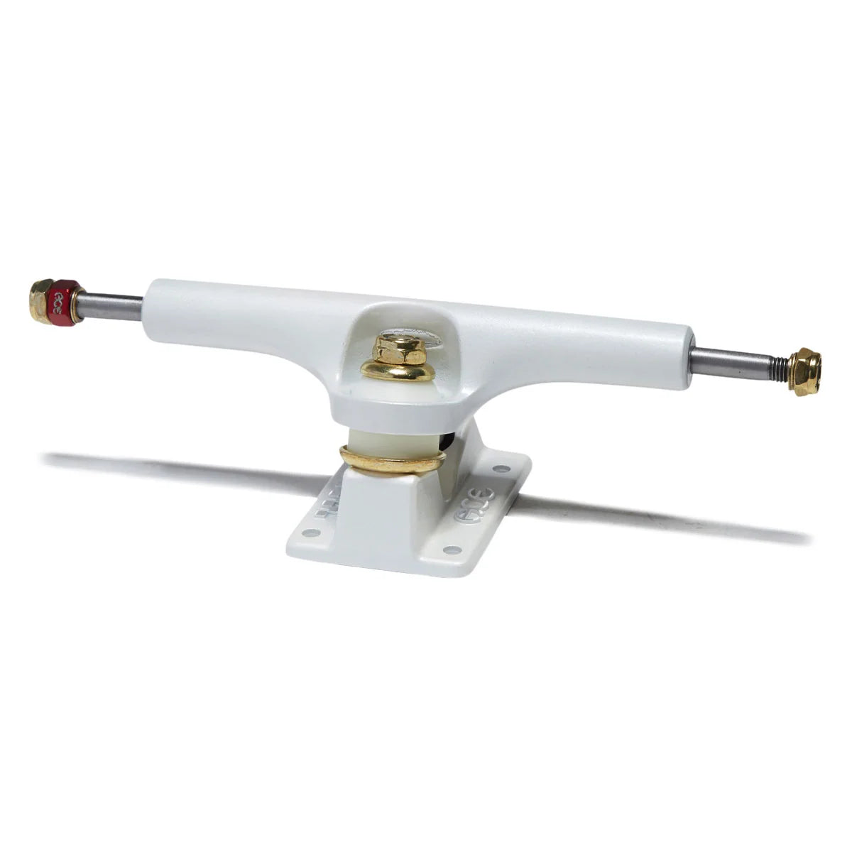A single white skateboard truck with gold-toned hardware, a silver metal axle, and red and gold end caps, shown on a clean white background with a soft shadow.