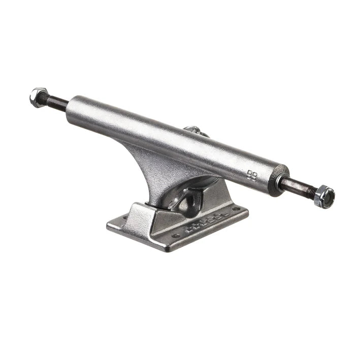 Silver metal skateboard truck on a white background