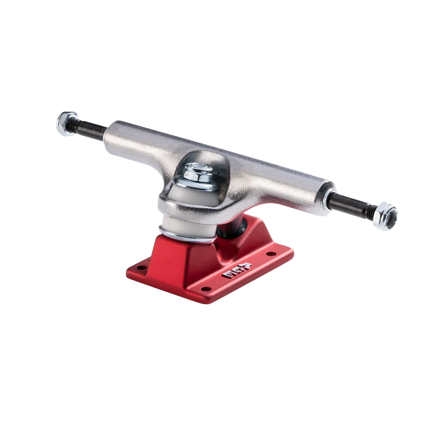 Skateboard truck with red baseplate and silver metal components on a white background