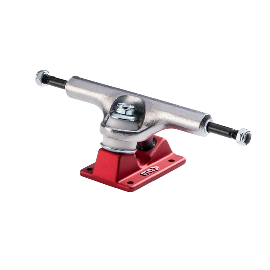 Skateboard truck with red baseplate and silver metal components on a white background