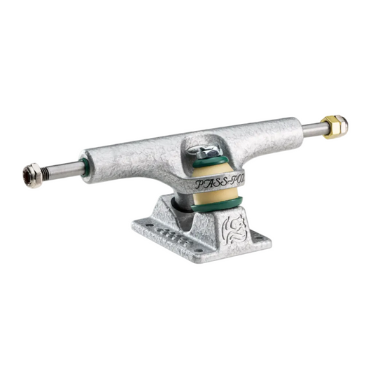 Skateboard truck with silver and gold components on a white background
