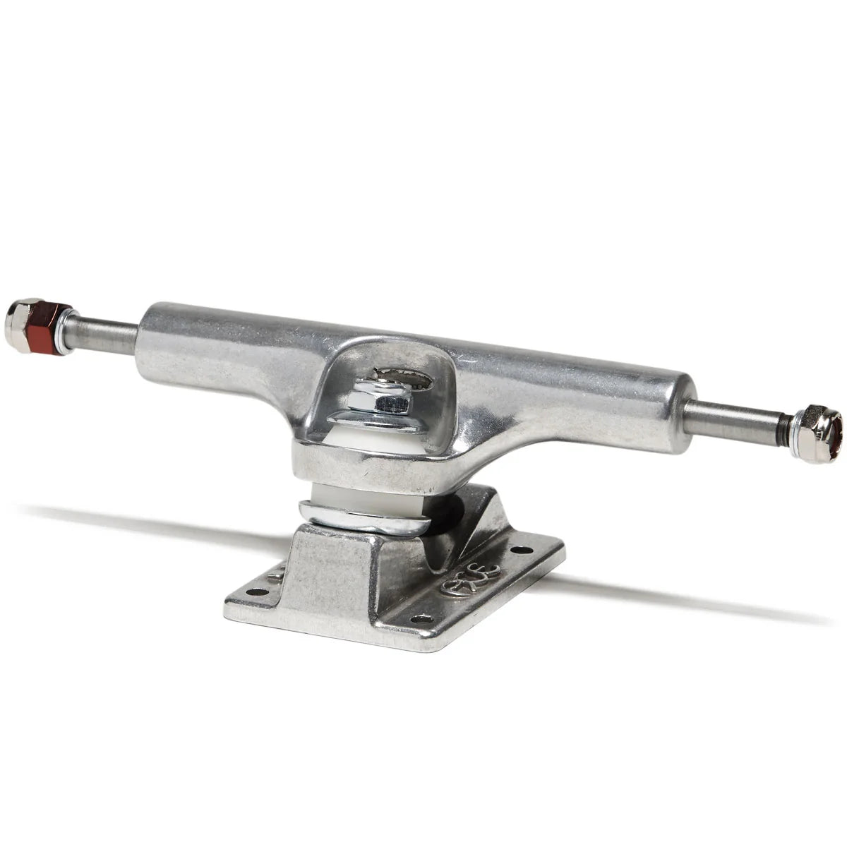A single skateboard truck with a silver metallic chrome finish, featuring a mounting base, suspension components, and a red accent ring on the left side, photographed on a clean white background.