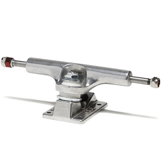 A single skateboard truck with a silver metallic chrome finish, featuring a mounting base, suspension components, and a red accent ring on the left side, photographed on a clean white background.