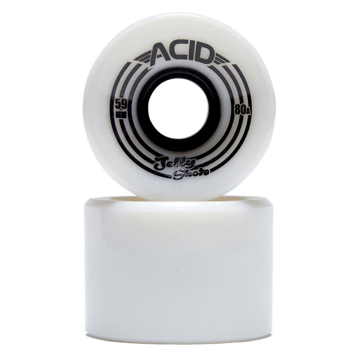 Two white skateboard wheels with black detailing on a white background