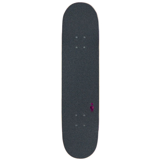 Black skateboard deck with a small logo on a white background