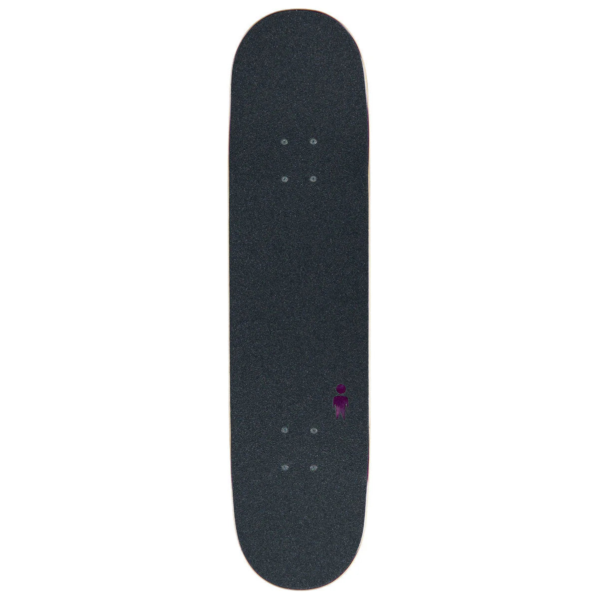 Black skateboard deck with a small purple logo on a white background