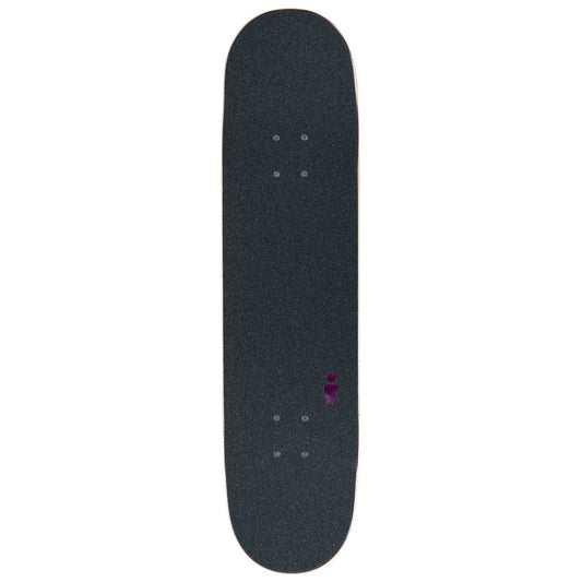 Black skateboard deck with a small purple logo on a white background