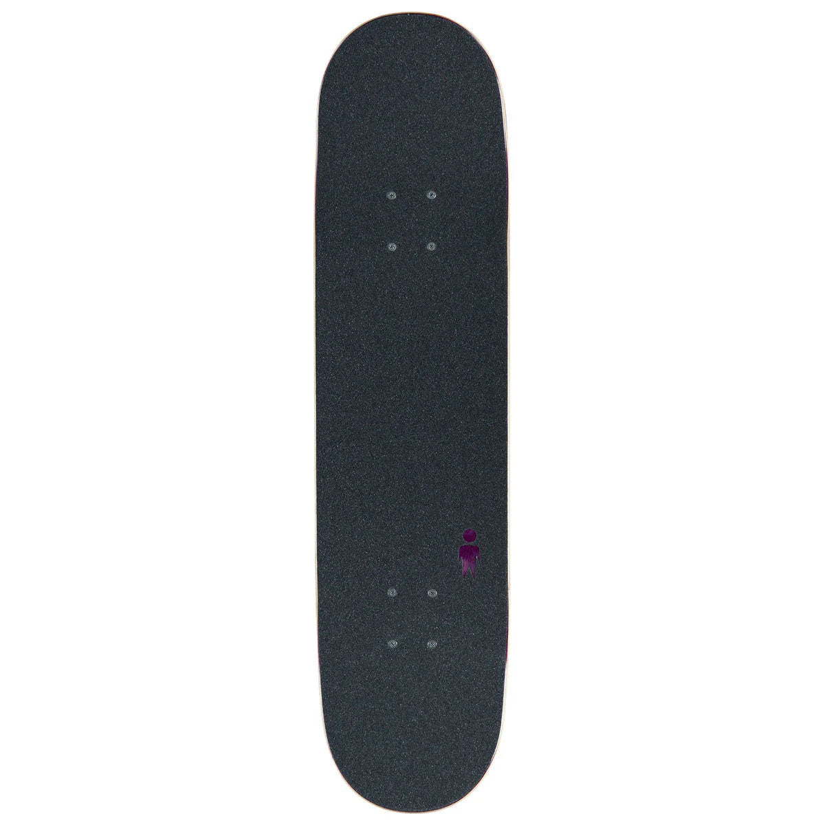 Black skateboard deck with a small purple logo on a white background