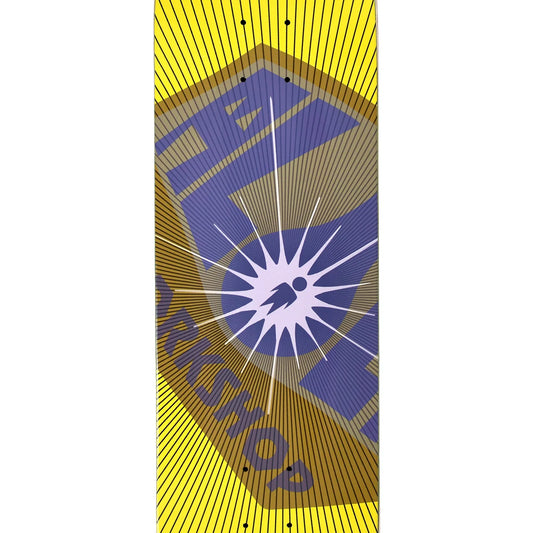Skateboard deck with geometric design and 'Workshop' branding on a yellow background