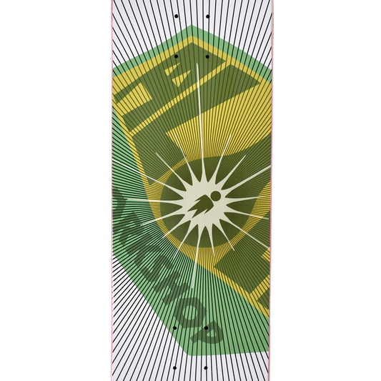 Skateboard deck with geometric design and brand logo on a white background