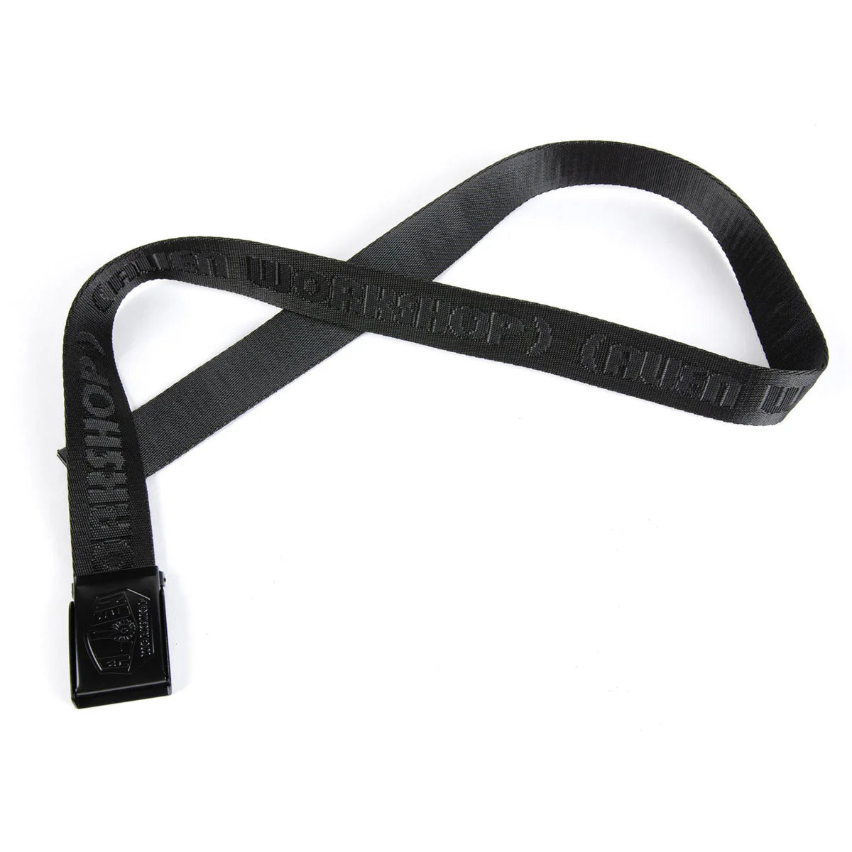 Black resistance band with branding on a white background