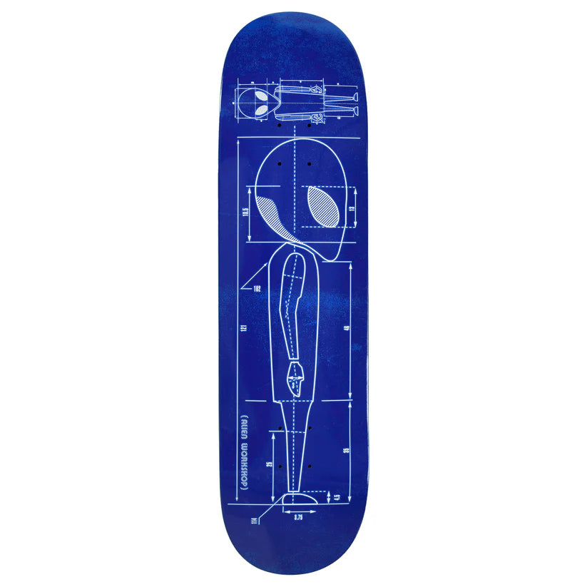 Blue skateboard deck with white line art design on a white background
