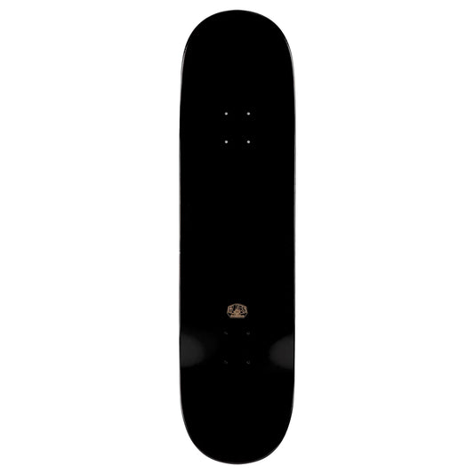 A black skateboard deck shown vertically against a plain white background, featuring a small gold logo near the center.