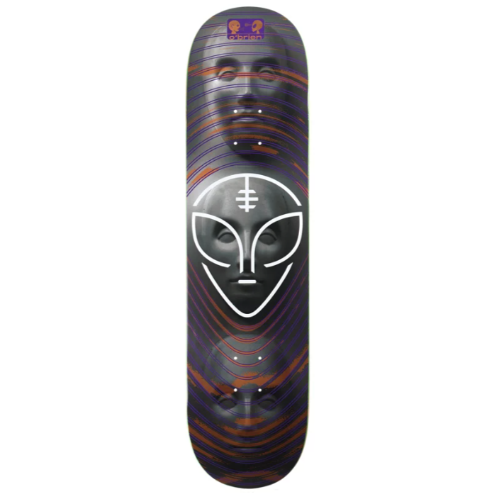Skateboard deck with alien face design on a white background