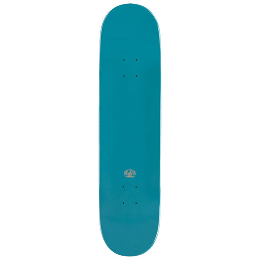 Teal skateboard deck with a logo on a white background