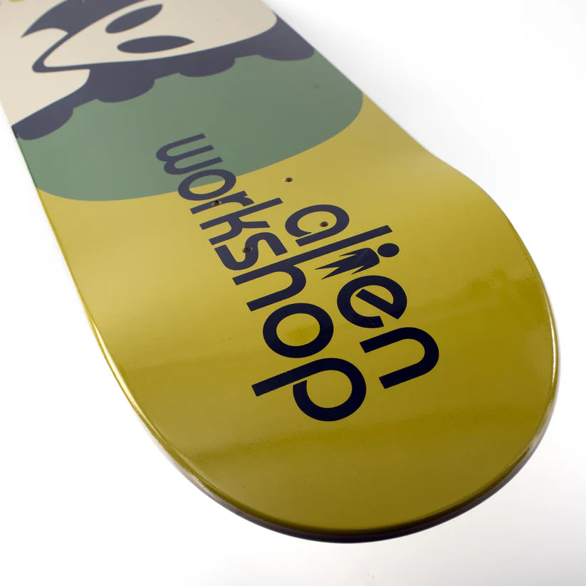 Close-up of a skateboard deck with 'alien workshop' branding on a white background