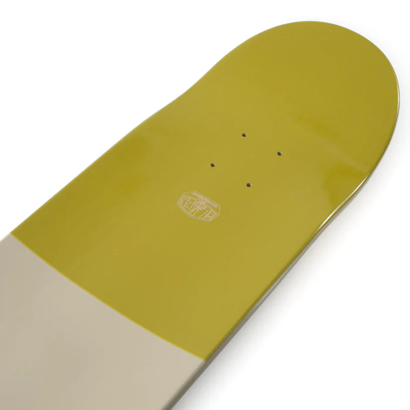 Skateboard deck with a yellow top and beige bottom on a white background
