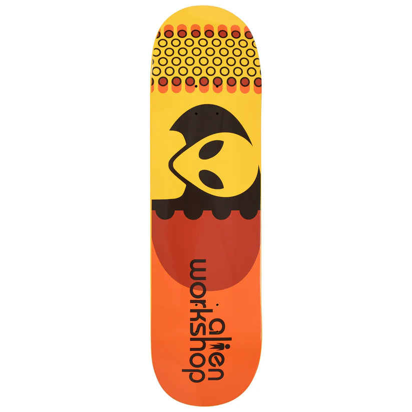 Skateboard deck with a yellow and orange design featuring a logo and 'workshop' text on a white background.