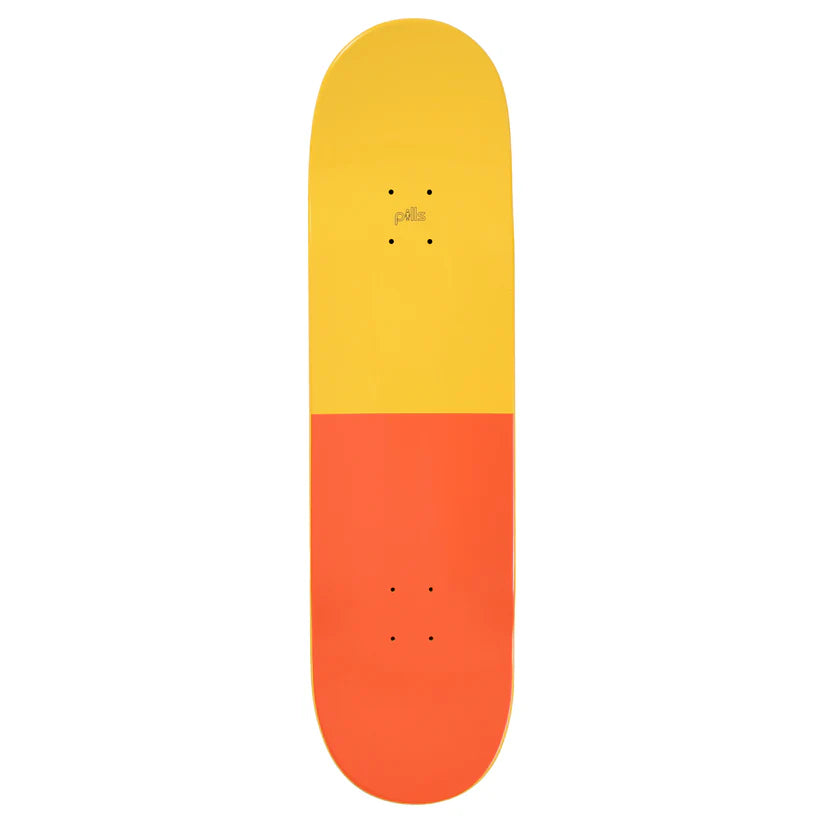 Skateboard deck with yellow top and orange bottom on a white background