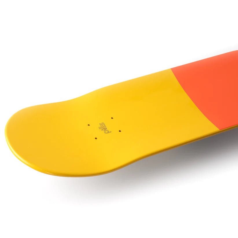 Yellow and red skateboard deck on a white background