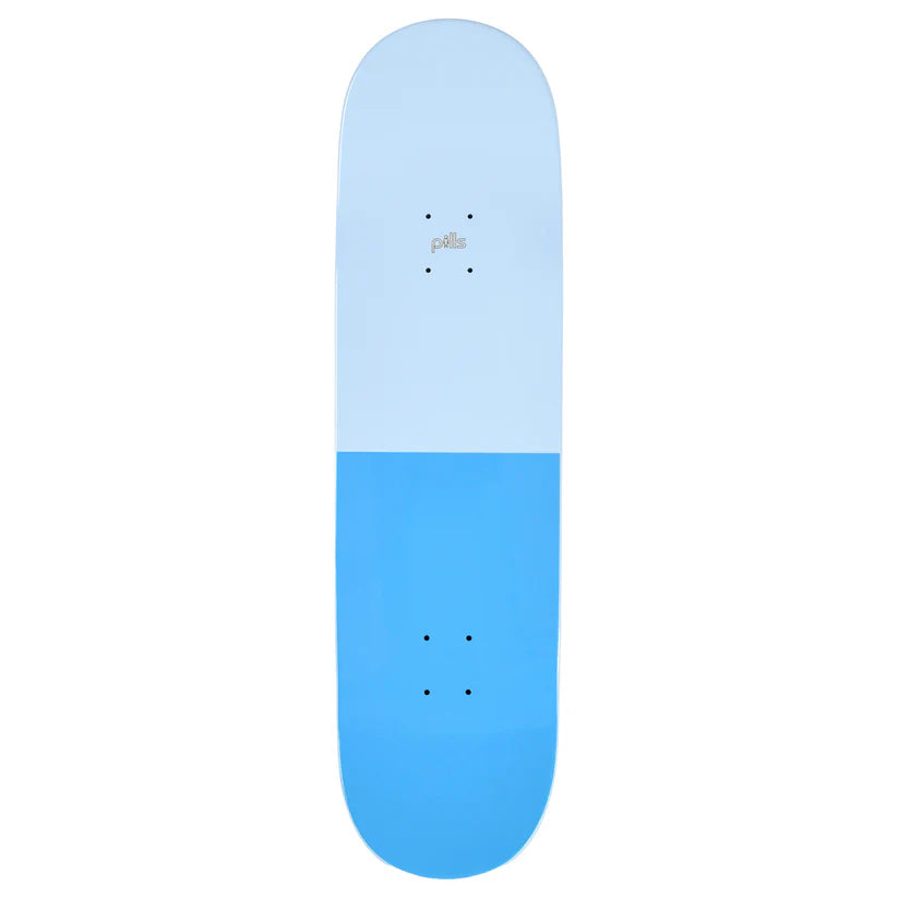 Skateboard deck with a light blue top half and dark blue bottom half on a white background