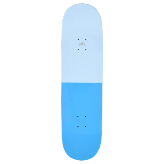 Skateboard deck with a light blue top half and dark blue bottom half on a white background