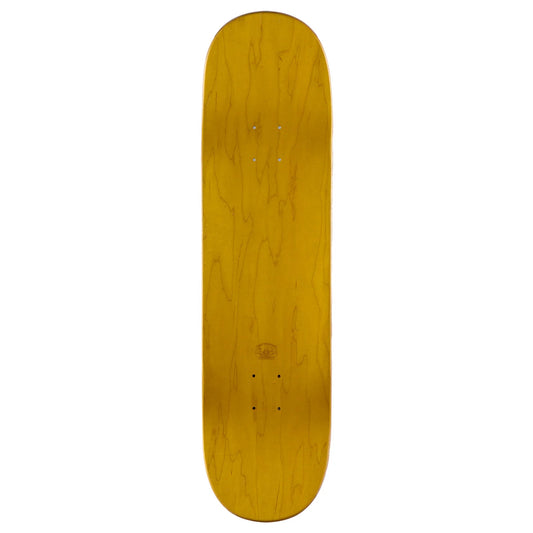 A skateboard deck with a glossy yellow wood grain finish, shown vertically against a plain white background.