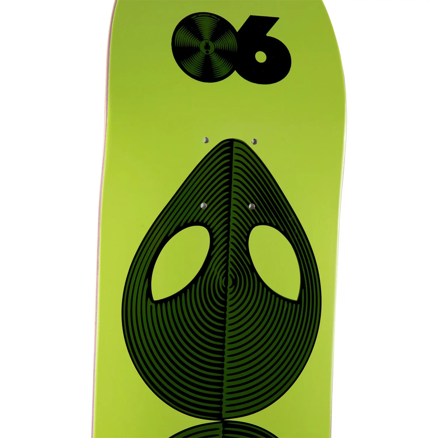 A close-up of a skateboard deck featuring a bright lime green background with a large black concentric oval graphic