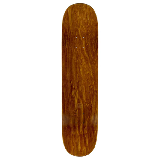 A wooden skateboard deck shown vertically against a plain white background, featuring a glossy brown wood grain finish.