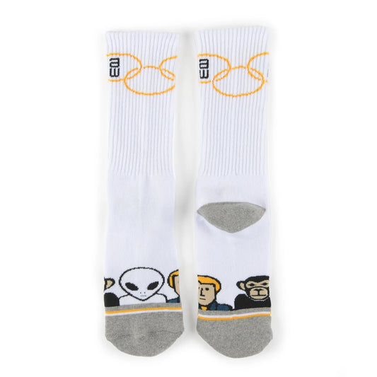 White socks with cartoon characters and gray toes on a white background