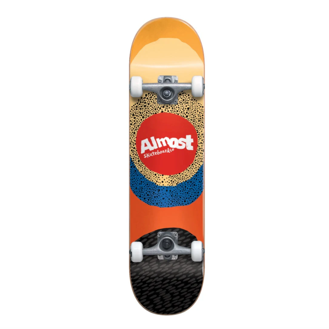 Skateboard with colorful design and 'Almost' logo on a white background