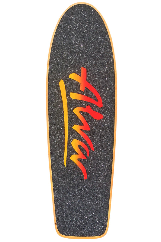 Skateboard deck with red and yellow logo on a white background