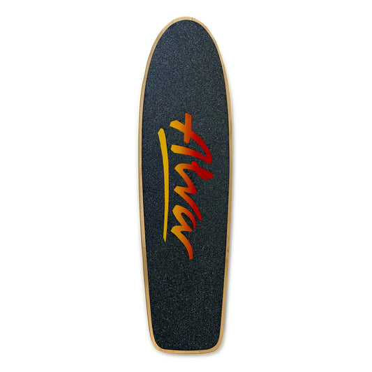 Skateboard deck with a brand logo on a white background