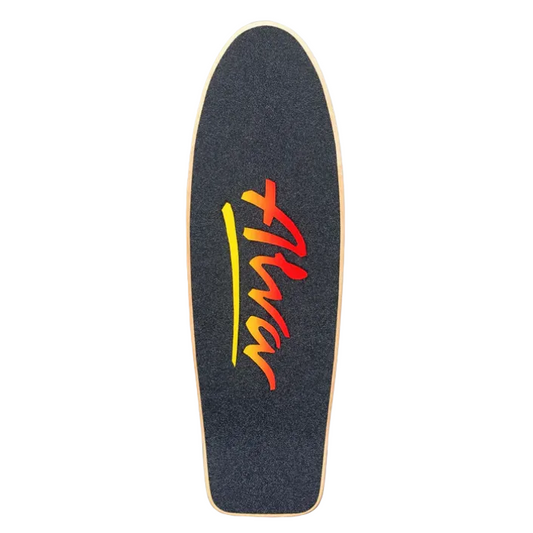 Skateboard deck with a colorful logo on a white background