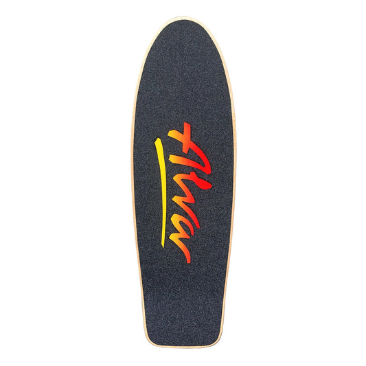 Skateboard deck with a colorful logo on a white background