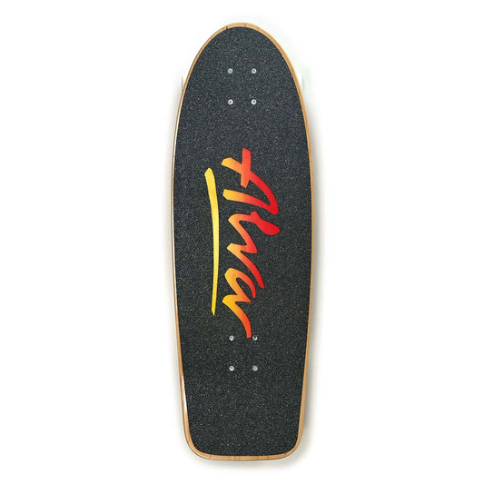 Skateboard deck with a colorful logo on a white background