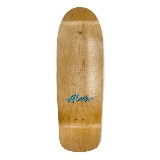 Wooden skateboard deck with 'Alva' branding on a white background